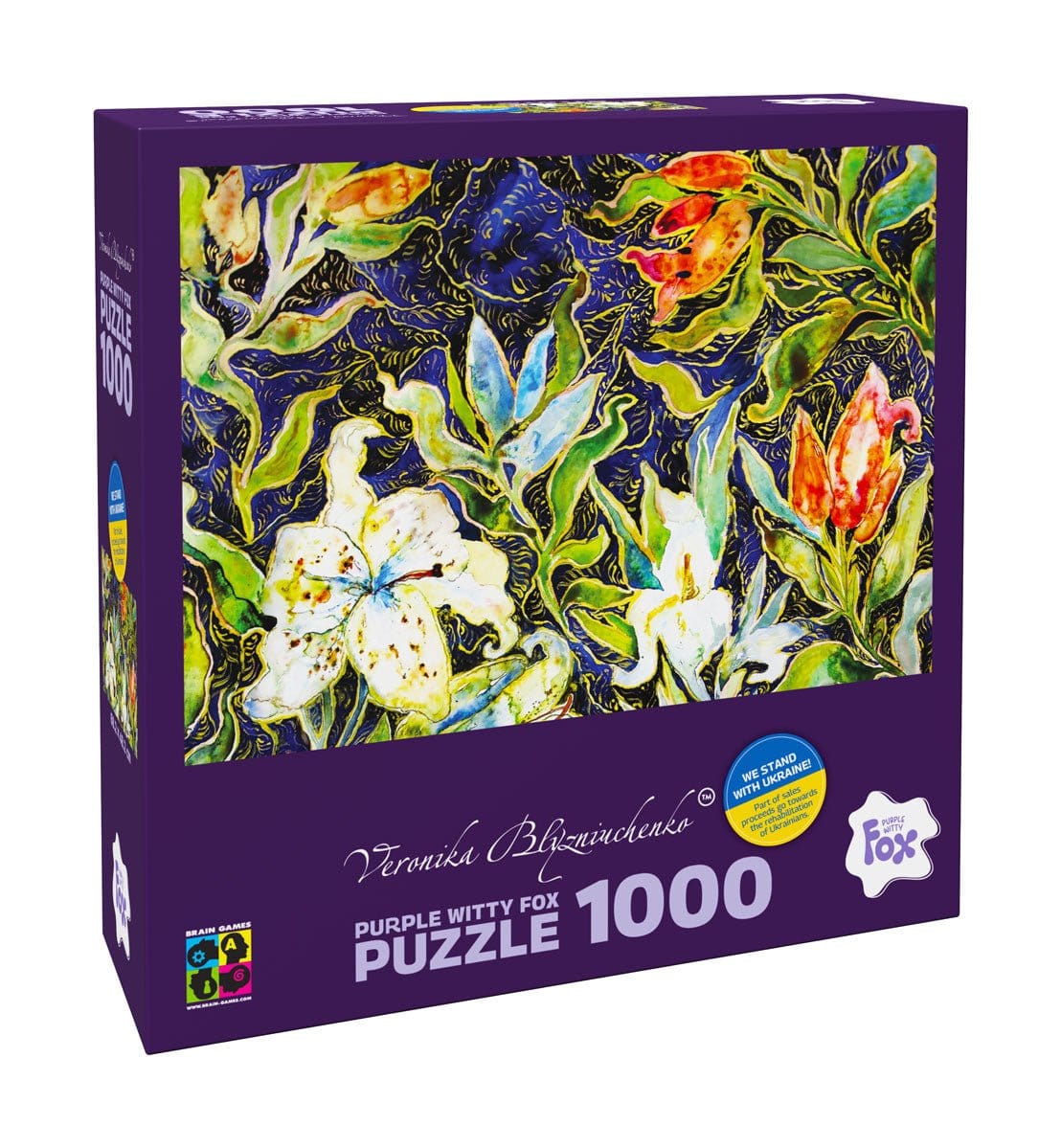 Brain Games LV Puzles Puzle 1000 Purple Witty Fox - Lilies on blue